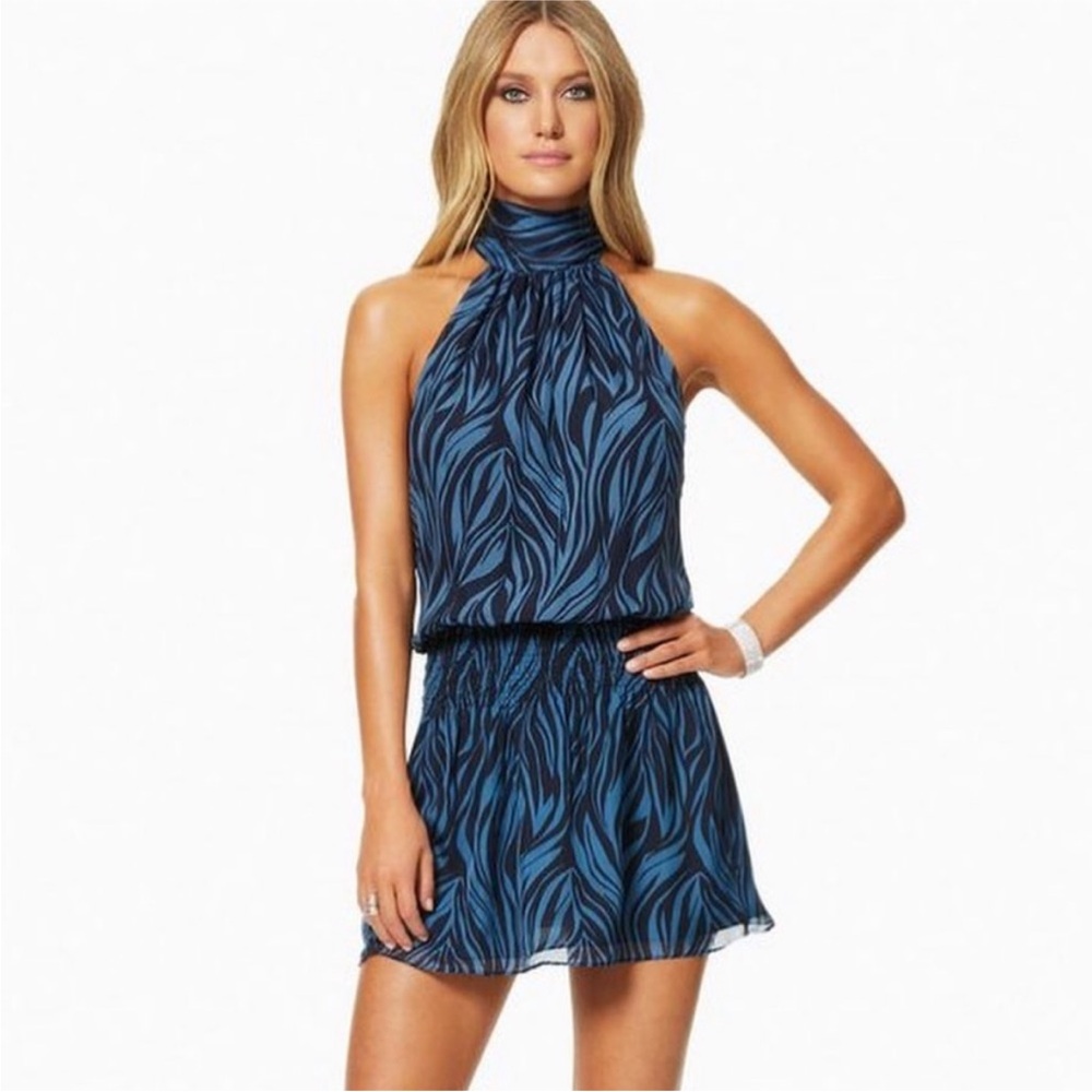 Ramy Brook Navy and Blue Halter-Style Printed Mini Dress
